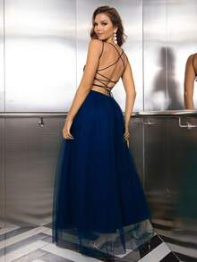 Joyfunear Contrast Sequin Mesh Cami Party Dress - Navy Blue - View 2