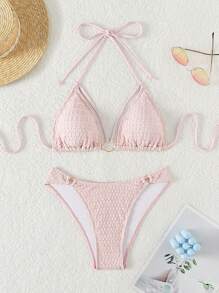 Ring Linked Halter Triangle Bikini Set - Pink - View 1