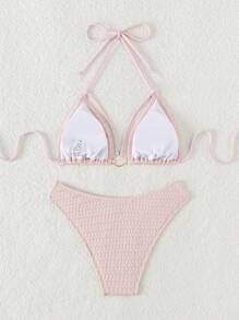 Ring Linked Halter Triangle Bikini Set - Pink - View 2
