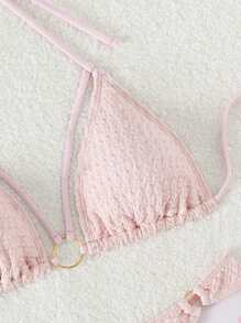 Ring Linked Halter Triangle Bikini Set - Pink - View 5