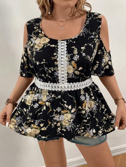 SHEIN Holidaya 大碼印花挖肩拼接水溶蕾絲荷葉邊下擺襯衫