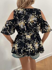 SHEIN Holidaya 大碼印花挖肩拼接水溶蕾絲荷葉邊下擺襯衫 - 黑色 - 查看 2