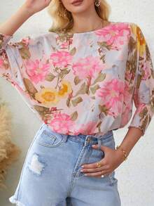 印花落肩袖襯衫 - 粉色 - 查看 3