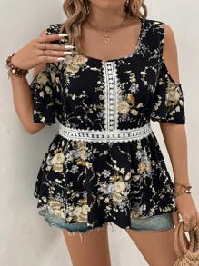 SHEIN Holidaya 大碼印花挖肩拼接水溶蕾絲荷葉邊下擺襯衫 - 黑色 - 查看 4