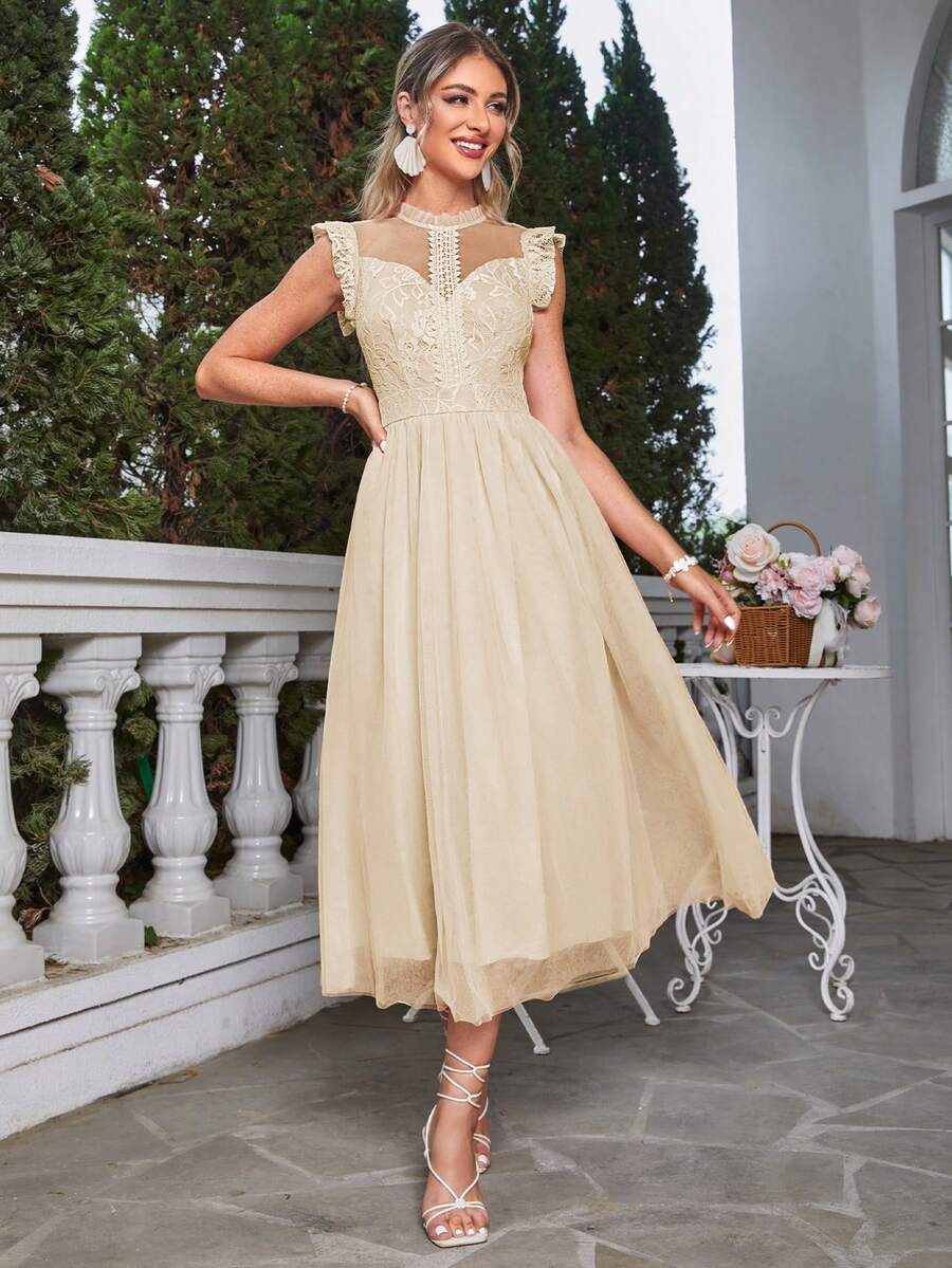Simplee Ruffle Trim Mesh Overlay Bridesmaid Dress - Apricot - View 1