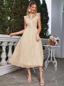 Simplee Ruffle Trim Mesh Overlay Bridesmaid Dress - Apricot - View 3