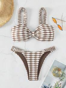 SHEIN Swim Summer Beach Allover Print Knot Front Bikini Set