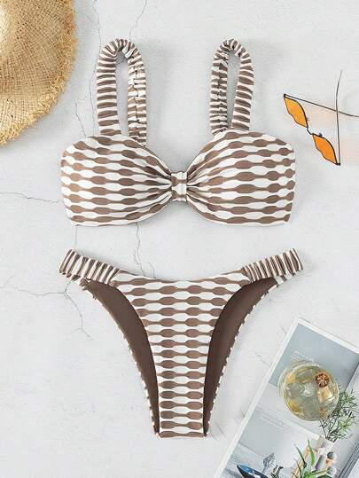 Summer Beach Allover Print Knot Front Bikini Set