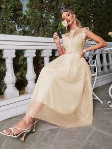 Simplee Ruffle Trim Mesh Overlay Bridesmaid Dress - Apricot - View 6