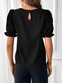 SHEIN Essnce Solid Puff Sleeve Keyhole Back Blouse,Short Sleeve Tops - Black - View 3