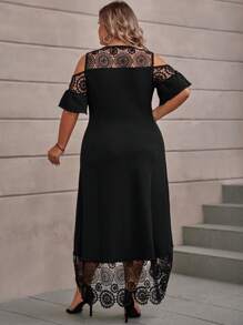 SHEIN Clasi Plus Contrast Lace Cold Shoulder Scallop Trim Dress - Black - View 2