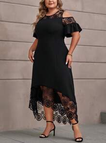 SHEIN Clasi Plus Contrast Lace Cold Shoulder Scallop Trim Dress - Black - View 3
