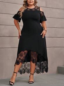 SHEIN Clasi Plus Contrast Lace Cold Shoulder Scallop Trim Dress - Black - View 4