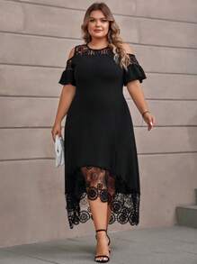 SHEIN Clasi Plus Contrast Lace Cold Shoulder Scallop Trim Dress - Black - View 5