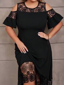 SHEIN Clasi Plus Contrast Lace Cold Shoulder Scallop Trim Dress - Black - View 6