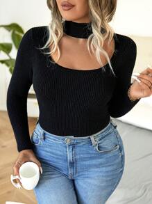 Calvaya Plus Size Sexy Fashionable Black Sweater With Round Neck Knit Pullover Fall Winter Autumn Sweater - Black - View 3