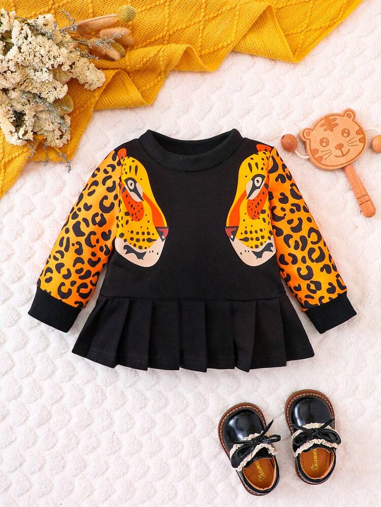 Baby Girl Leopard Print Pleated Hem Sweatshirt