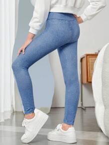 SHEIN Tween Girl Solid Overlap High Waist Leggings - Blue - View 2