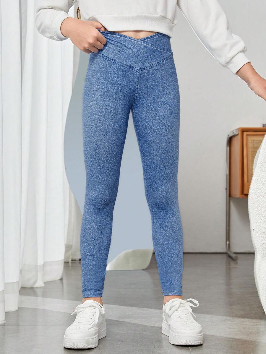 SHEIN Tween Girl Solid Overlap High Waist Leggings - Blue - View 1