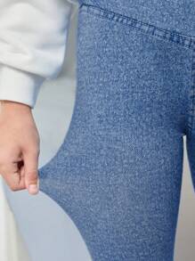 SHEIN Tween Girl Solid Overlap High Waist Leggings - Blue - View 5