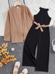 SHEIN Leap Crew Tween Girl Knitted Solid Color Drop Shoulder Cardigan + Knitted Solid Color Sleeveless Jumpsuit Set, 2pcs