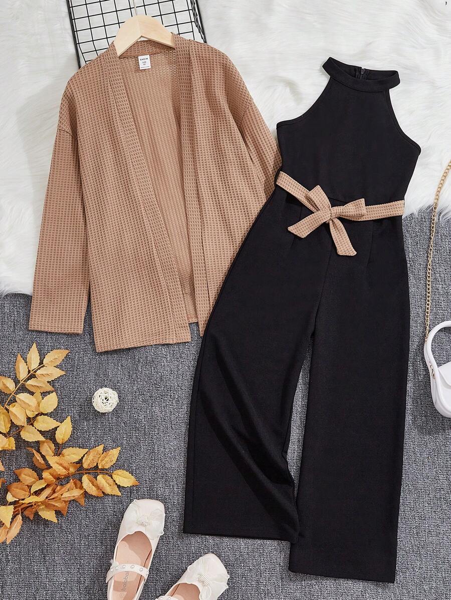 SHEIN Leap Crew Tween Girl Knitted Solid Color Drop Shoulder Cardigan + Knitted Solid Color Sleeveless Jumpsuit Set, 2pcs