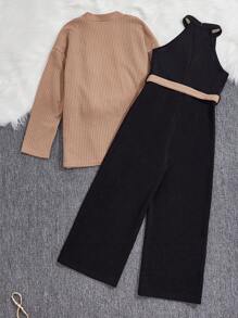 SHEIN Leap Crew Tween Girl Knitted Solid Color Drop Shoulder Cardigan + Knitted Solid Color Sleeveless Jumpsuit Set, 2pcs