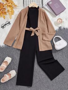 SHEIN Leap Crew Tween Girl Knitted Solid Color Drop Shoulder Cardigan + Knitted Solid Color Sleeveless Jumpsuit Set, 2pcs