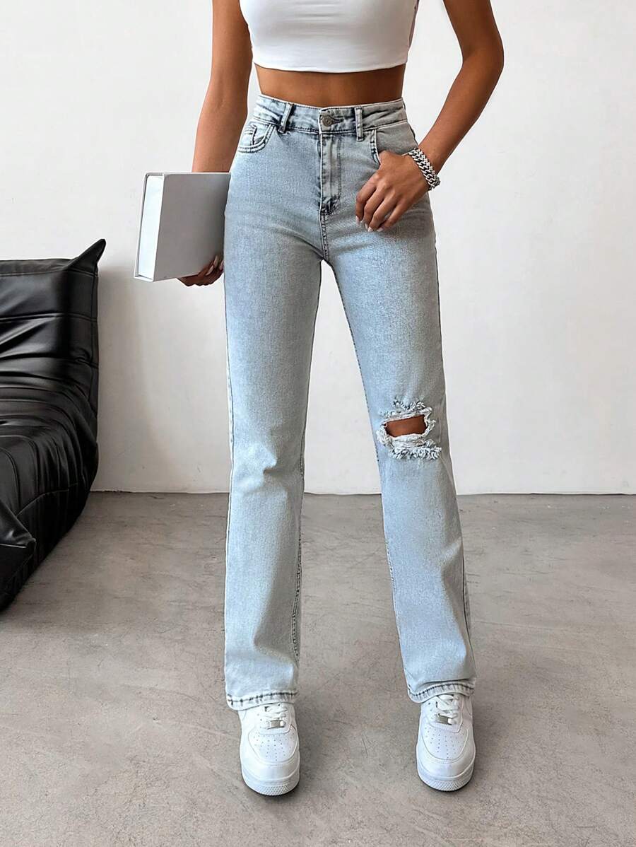 EURMUSE 98%Cotton Slant Pocket Ripped Straight Leg Jeans - Light Wash - View 1