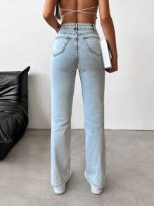 EURMUSE 98%Cotton Slant Pocket Ripped Straight Leg Jeans - Light Wash - View 2
