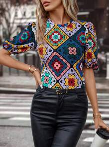 SHEIN Clasi Patchwork Group Puff Sleeve T-shirt
