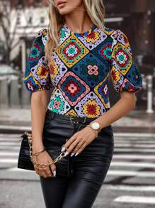 SHEIN Clasi Patchwork Group Puff Sleeve T-shirt