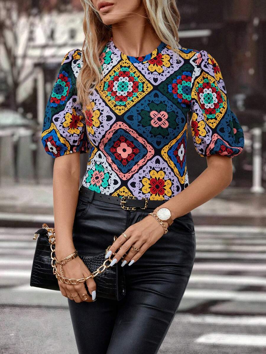 SHEIN Clasi Patchwork Group Puff Sleeve T-shirt