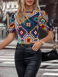 SHEIN Clasi Patchwork Group Puff Sleeve T-shirt