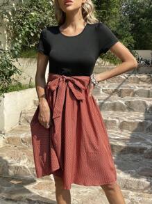 SHEIN Clasi In Đồ họa Váy có thắt lưng - Màu Cam san hô - Xem 5