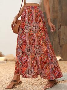 SHEIN VCAY Paisley Print Skirt - Orange - View 1