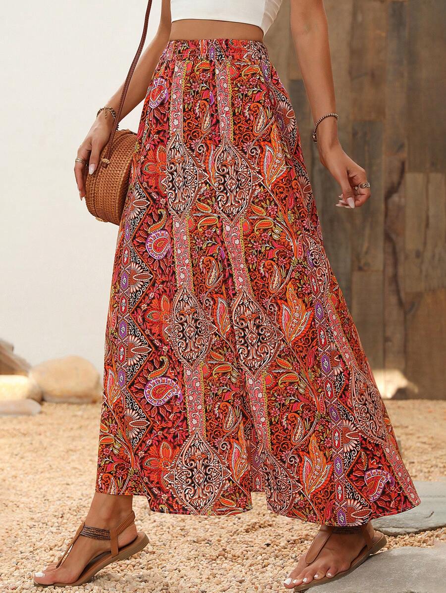 SHEIN VCAY Paisley Print Skirt - Orange - View 1