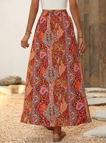 SHEIN VCAY Paisley Print Skirt - Orange - View 2