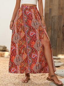 SHEIN VCAY Paisley Print Skirt - Orange - View 4