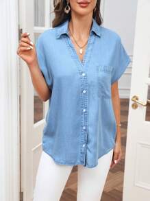 SHEIN LUNE Camisa vaquera de efecto denim de manga corta holgada y casual para mujer, parte superior de manga corta - Lavado ligero - Ver 4