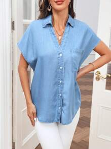SHEIN LUNE Camisa vaquera de efecto denim de manga corta holgada y casual para mujer, parte superior de manga corta - Lavado ligero - Ver 5