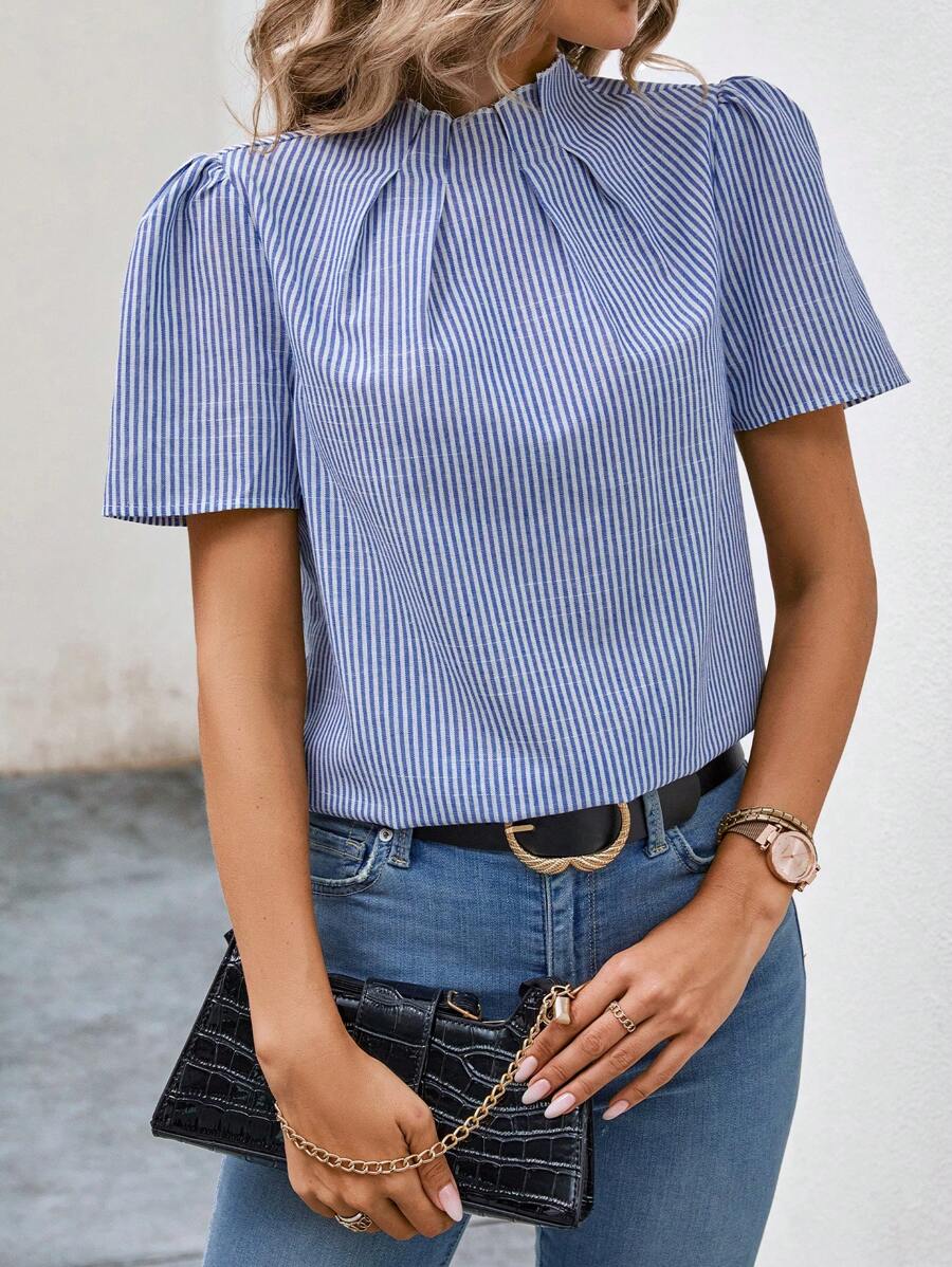 EMERY ROSE Striped Print Puff Sleeve Blouse,Short Sleeve Tops - Blue and White - View 1