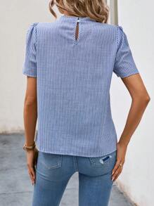 EMERY ROSE Striped Print Puff Sleeve Blouse,Short Sleeve Tops - Blue and White - View 2