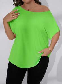 Plus Solid Batwing Sleeve Tee - Green - View 4