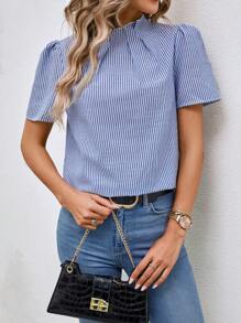 EMERY ROSE Striped Print Puff Sleeve Blouse,Short Sleeve Tops - Blue and White - View 4