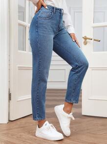 SHEIN Frenchy High Waist Mom Fit Jeans - Medium Wash - View 7