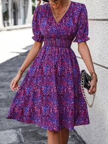 SHEIN Privé 滿版印花泡泡袖洋裝 - 紫色 - 查看 3