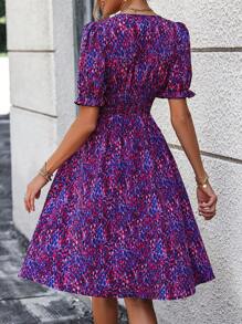 SHEIN Privé 滿版印花泡泡袖洋裝 - 紫色 - 查看 2