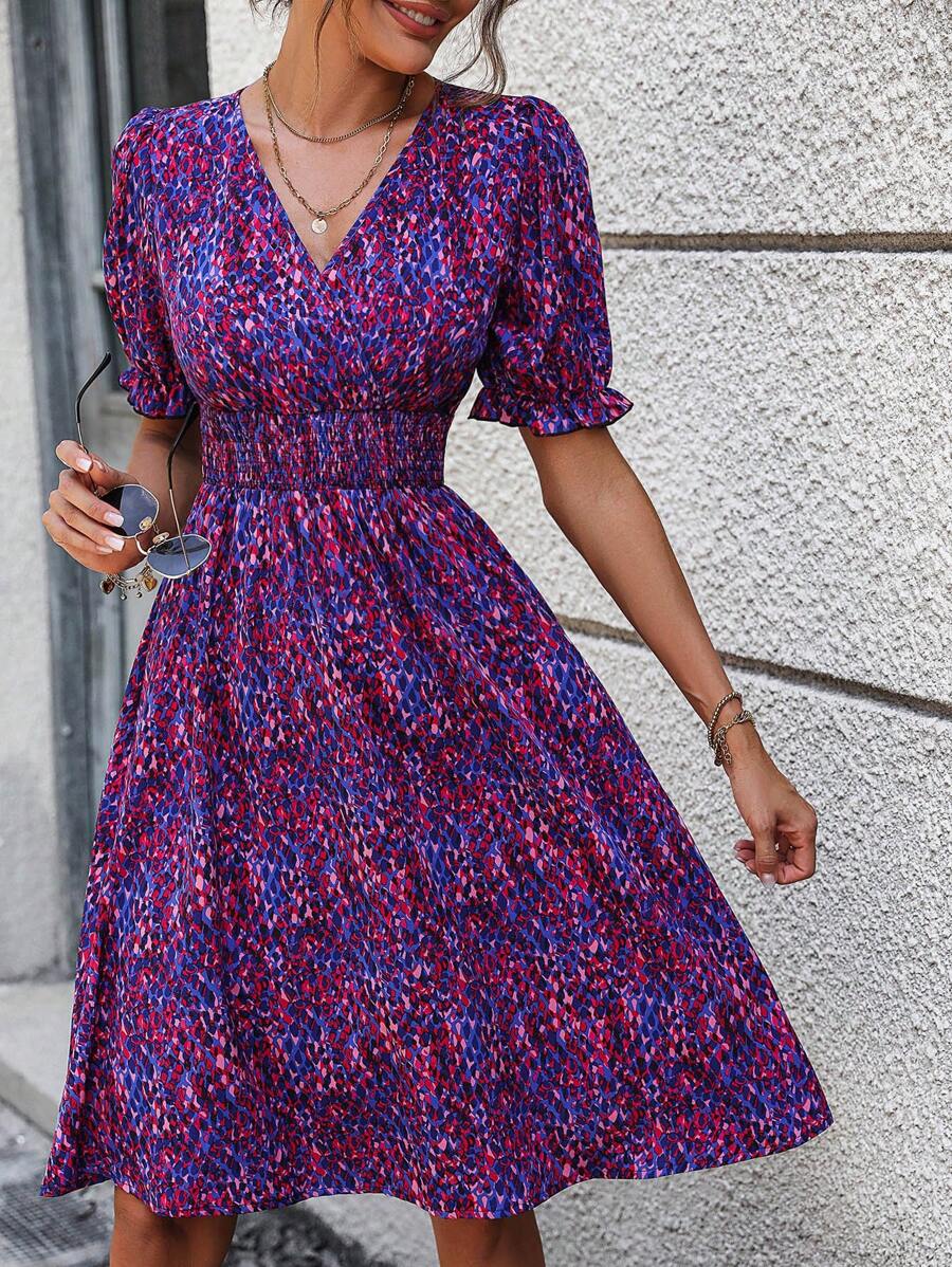 SHEIN Privé 滿版印花泡泡袖洋裝 - 紫色 - 查看 1