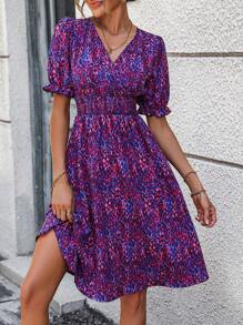 SHEIN Privé 滿版印花泡泡袖洋裝 - 紫色 - 查看 4